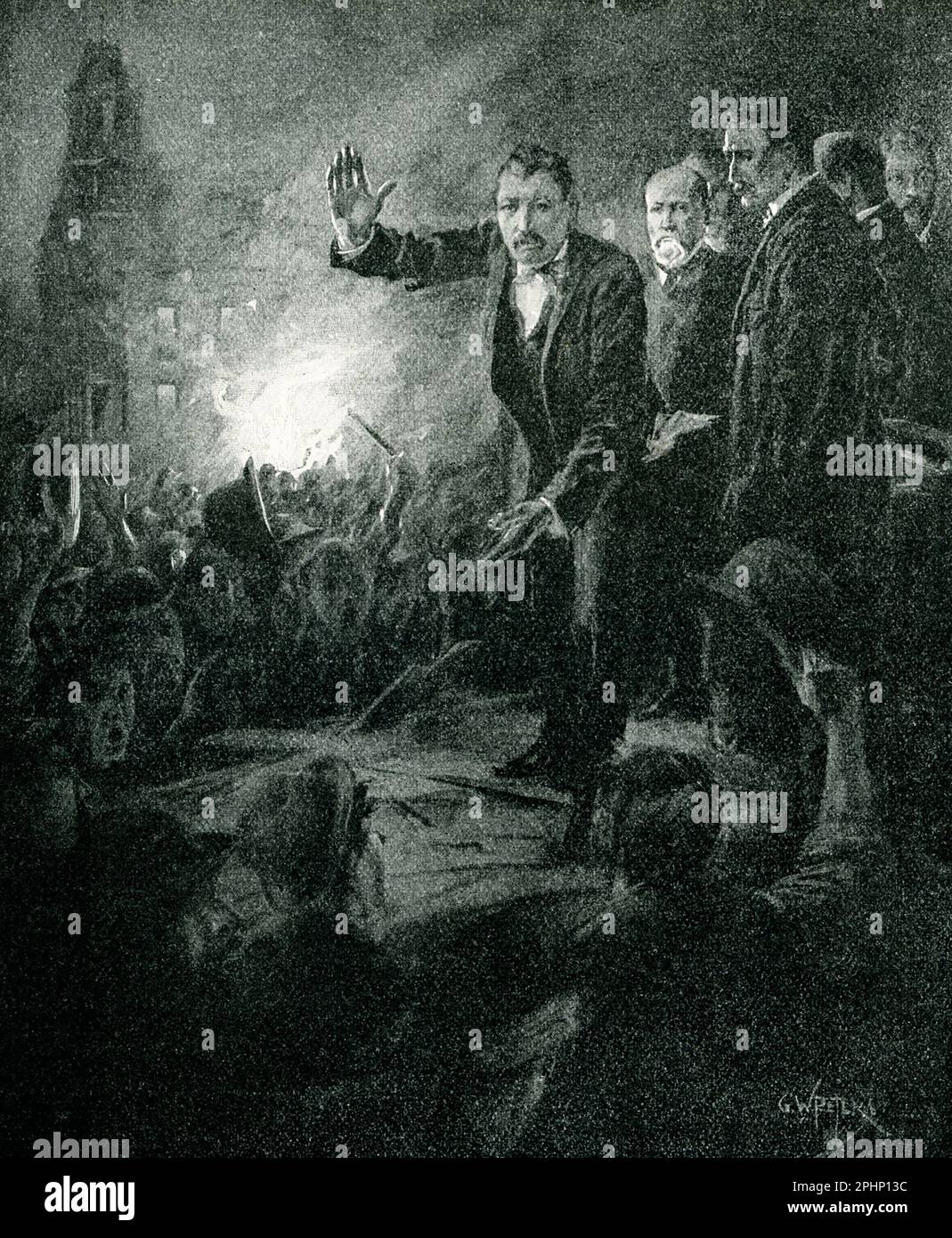 La didascalia del 1896 recita: 'Il cinese deve andare. Denis Kearney si rivolge ai lavoratori la notte del 20 ottobre a Nob Hill, San Francisco." Foto Stock