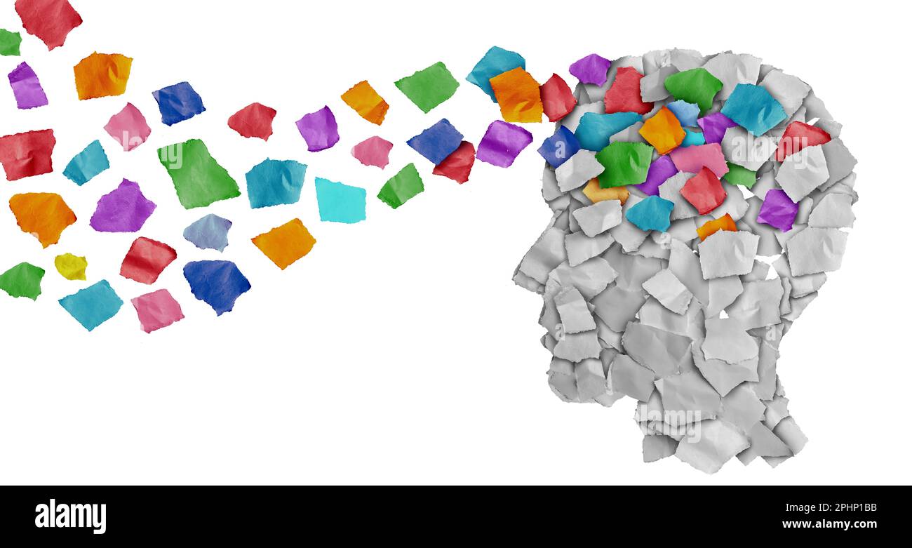 Formazione ed educazione come cervello umano con carta strappata come studente di apprendimento per lo sviluppo di abilità e l'istruzione creativa simbolo o psicologia e. Foto Stock