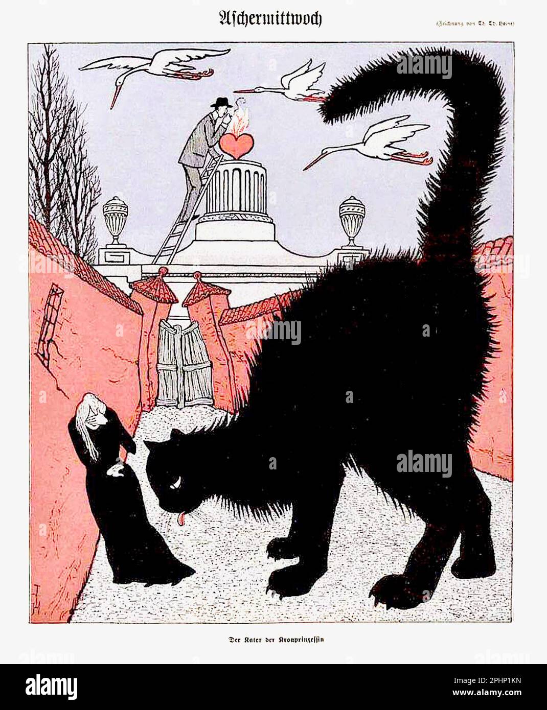 Thomas Theodor Heine 'Aschermittwoch' ('Mercoledì delle Ceneri'), Simplicissimus Magazine - 1903 - Una donna cowering si trova di fronte a un gigante gatto nero. Foto Stock