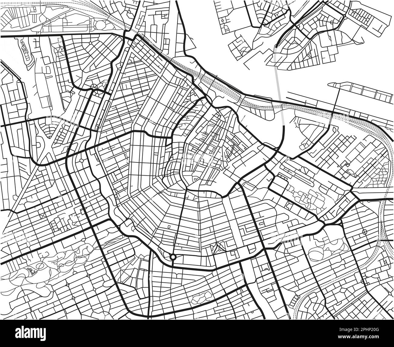 Mappa vettoriale in bianco e nero della città di Amsterdam con strati separati ben organizzati. Illustrazione Vettoriale