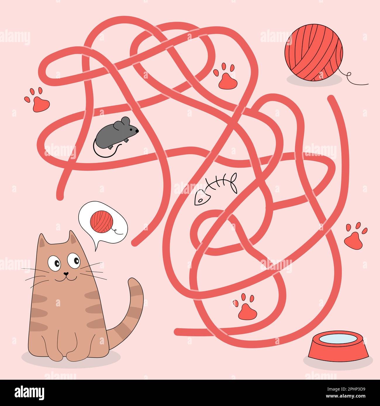 Guida carino gatto trovare percorso per palla di filo. Labirinto. Labirinto gioco per i bambini. Linea sudicia bambini gioco di logica. Illustrazione del vettore delle linee di tracciato confusa. Illustrazione Vettoriale