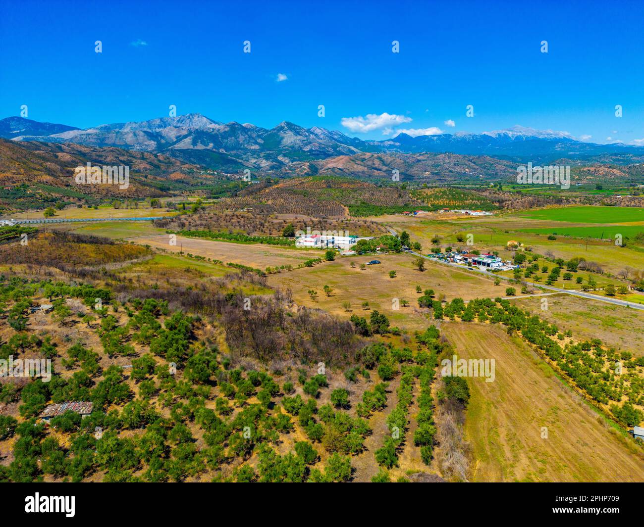 Paesaggio agricolo della penisola del Peloponneso in Grecia. Foto Stock