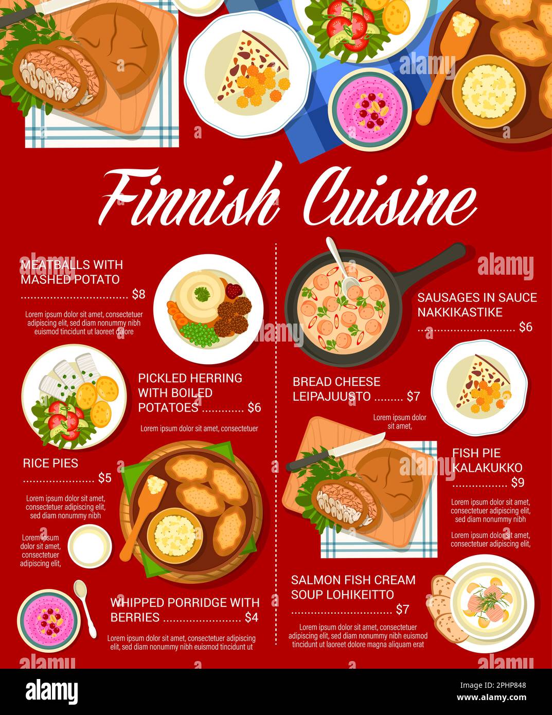 Modello del menu della cucina finlandese. Salsicce in salsa Nakkikastike, porridge montato con frutti di bosco e torte, formaggio di pane Leipajuusto, zuppa Lohikeitt Illustrazione Vettoriale