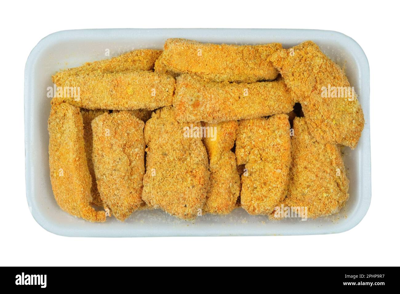 Le barrette di pesce d'arancia frozen impanano la consistenza nel frigorifero bianco del mercato. Cucina casalinga. Fast food. Foto Stock