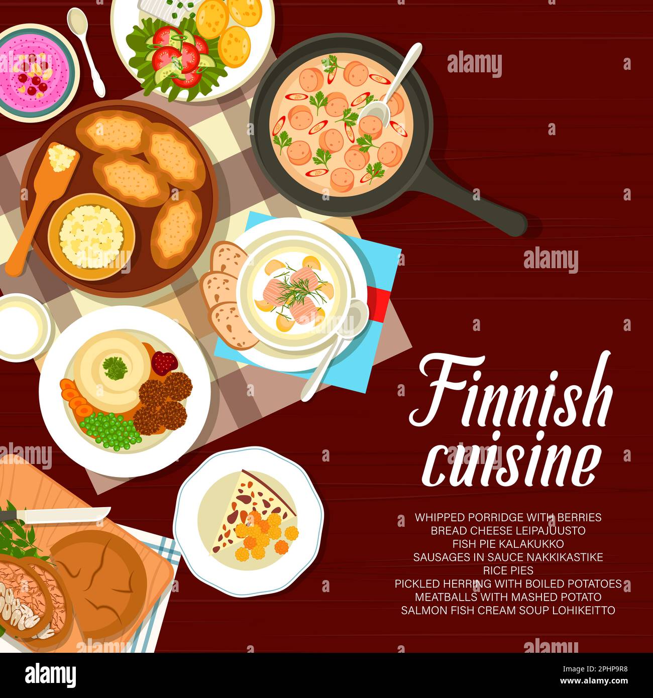 Menu del ristorante di cucina finlandese. Porridge con bacche, torte di riso e zuppa Lohikeitto, polpette, formaggio Leipajuusto e torta di pesce Kalakukko, lei Illustrazione Vettoriale