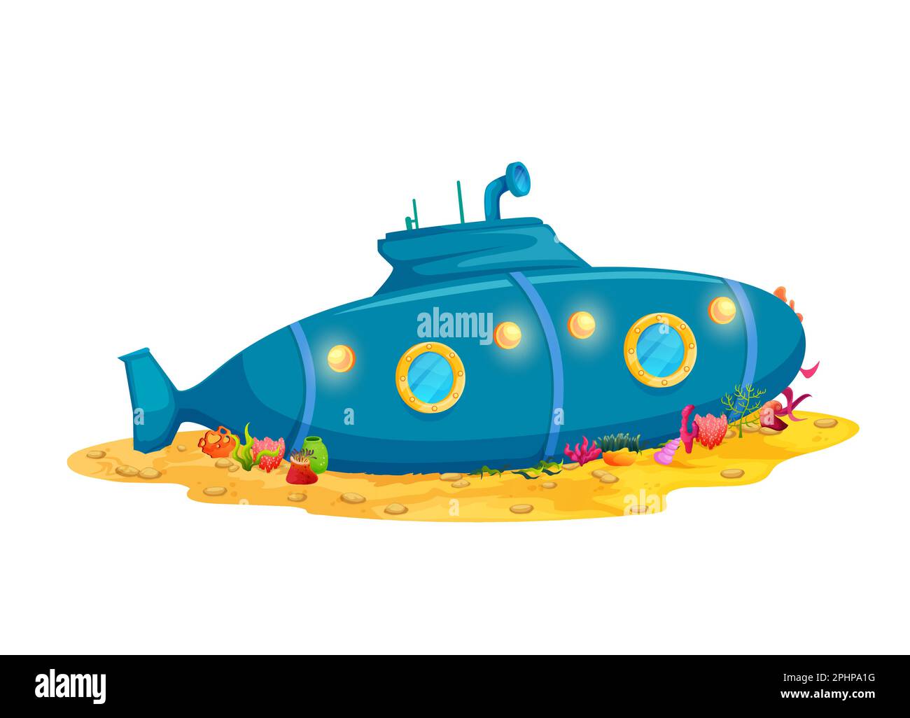 Cartone animato nave sottomarina, costruzione di casa subacquea in barca batyscaphe, vettore sottomarino casa dimora. Mondo fantasy subacqueo rifugio in subma sunken Illustrazione Vettoriale