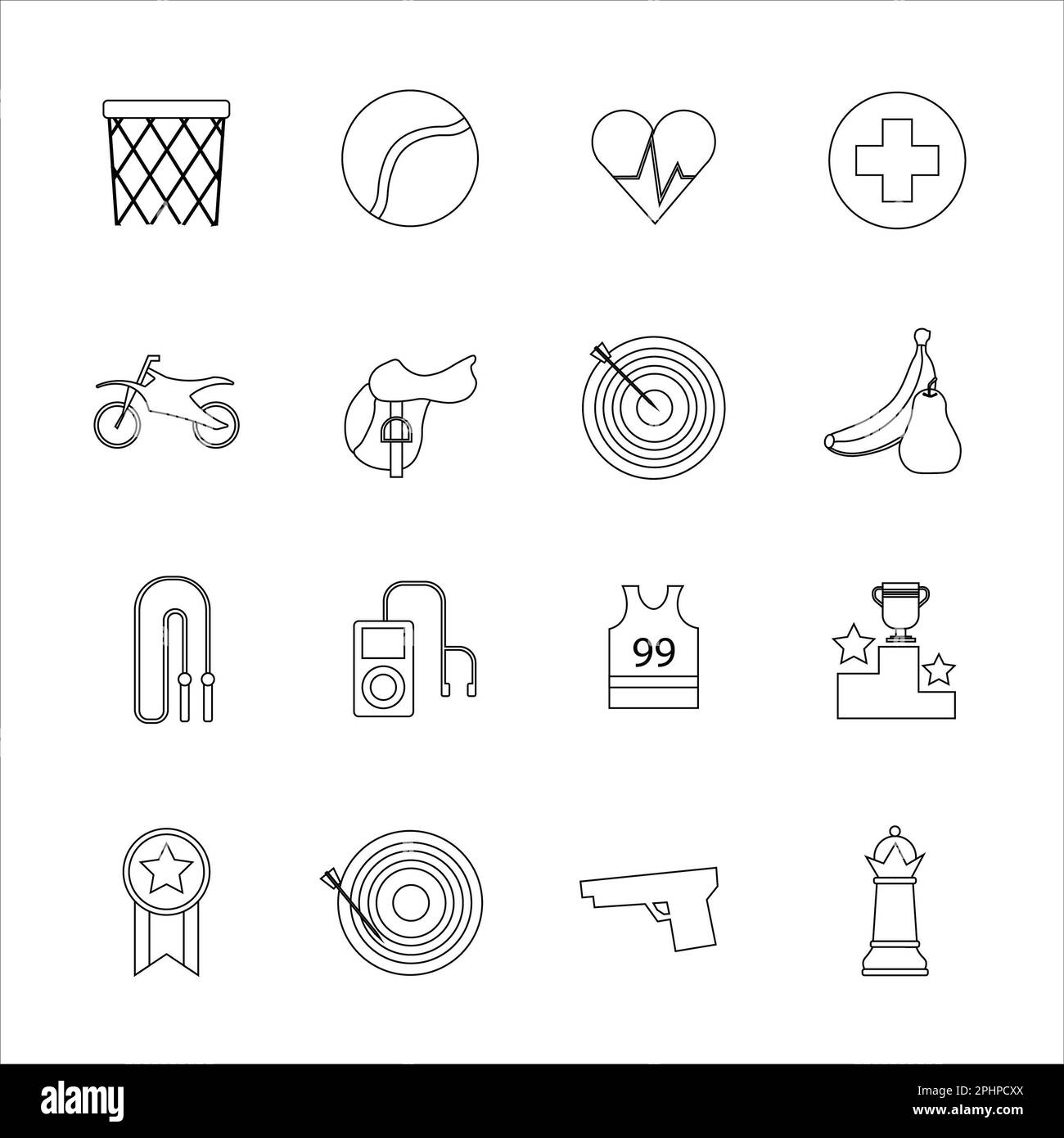 Collezione di icone con diversi sport e sana alimentazione in disegno di contorno Foto Stock