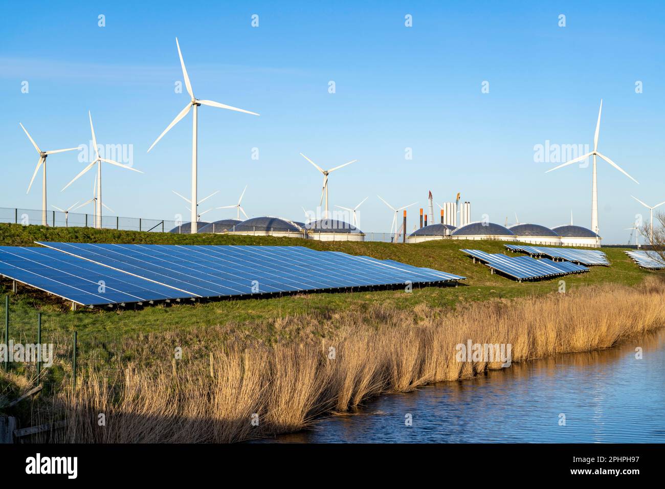 Parco solare sulla diga Slaperdijk vicino al progetto di test Eemshaven, 17.000 moduli solari sono stati installati su un buon 5 KM, i Paesi Bassi ha più di 22,00 Foto Stock
