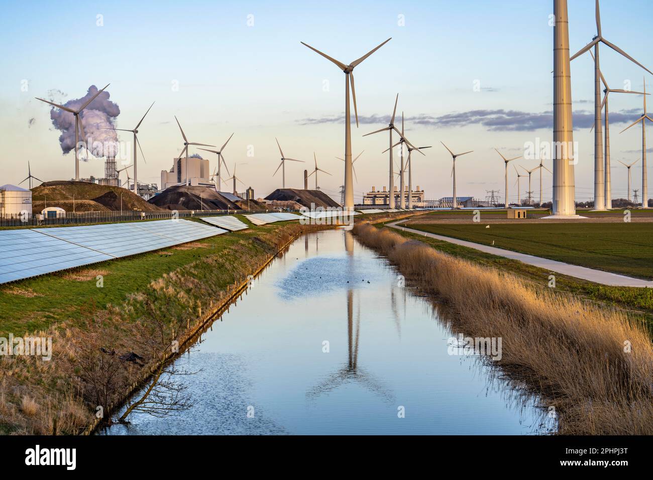 Parco solare sulla diga Slaperdijk vicino al progetto di test Eemshaven, 17.000 moduli solari sono stati installati su un buon 5 KM, i Paesi Bassi ha più di 22,00 Foto Stock