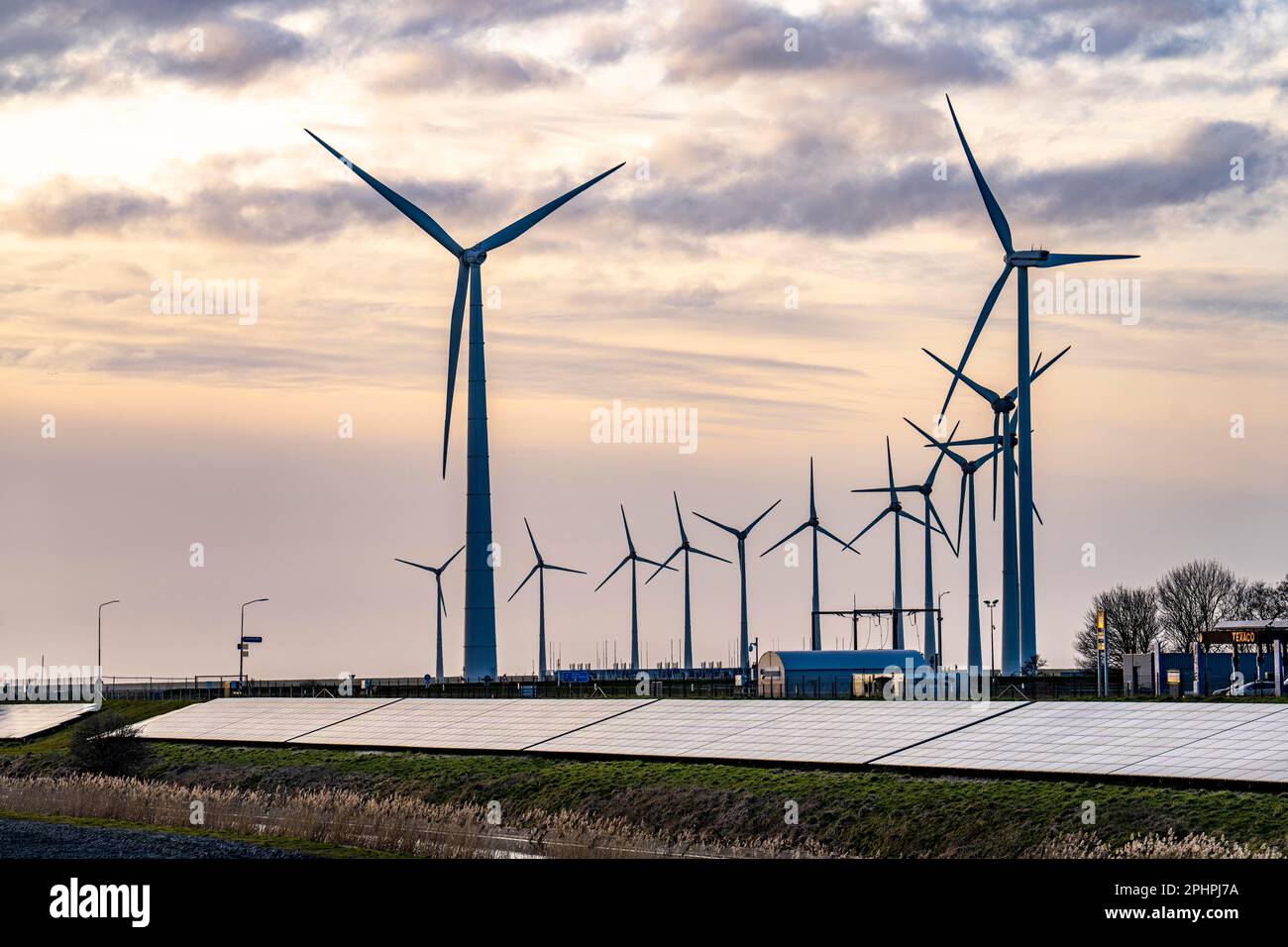 Parco solare sulla diga Slaperdijk vicino al progetto di test Eemshaven, 17.000 moduli solari sono stati installati su un buon 5 KM, i Paesi Bassi ha più di 22,00 Foto Stock