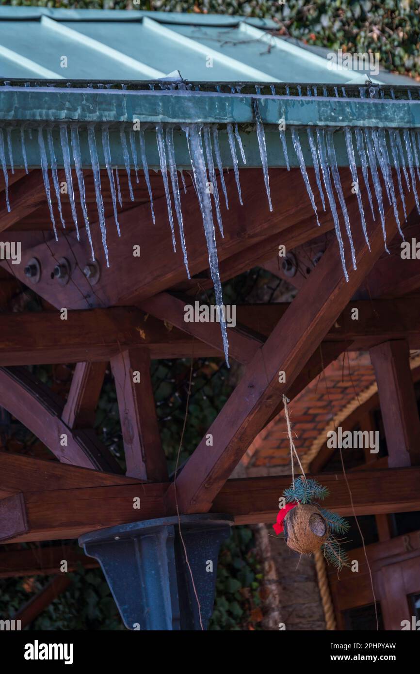 Ghiaccioli appesi al tetto. Foto Stock