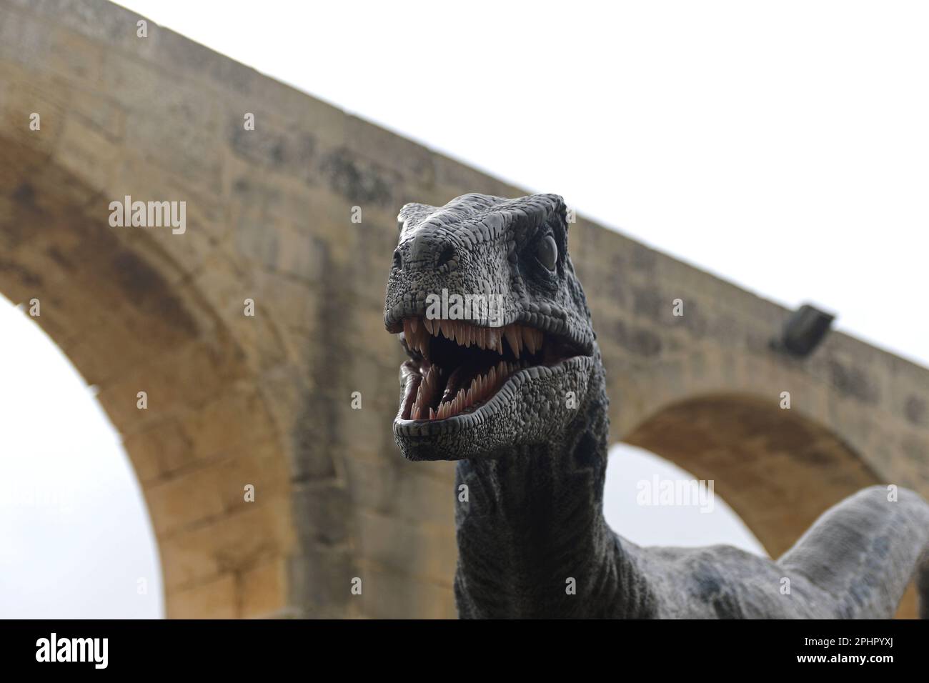 Modello di Velociraptor situato nei Giardini superiori di Barrakka, Valletta, Malta. Scene del film/film del 2022 Jurassic World Dominion sono state girate a Malta e questo dinosauro è stato esposto nei giardini come parte del Malta Movie Tour, che ha avuto molti film e film nel corso degli anni. Foto Stock