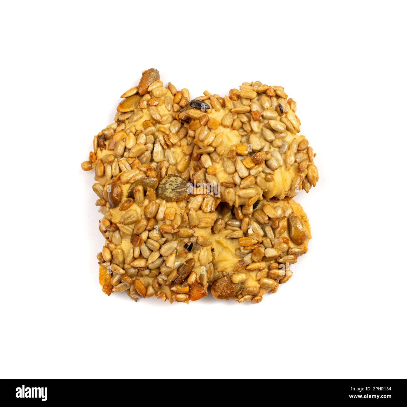 Biscotto semplice con noci, semi e cereali isolati. Biscotti di farina d'avena, biscotti di semi di girasole. Vista dall'alto del biscotto rotondo Foto Stock