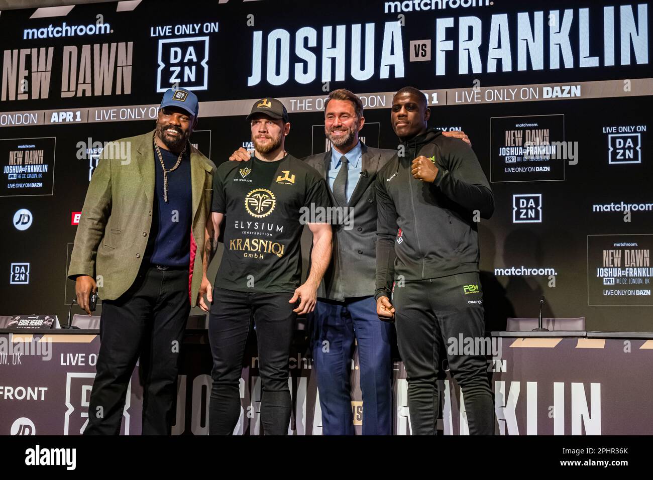 LONDRA, REGNO UNITO. 29th Mar, 2023. Da sinistra a destra Derek Chisora, Eddie Hearn, Juergen Uldedaj e Benoit Huber durante la conferenza stampa Joshua vs Franklin al Nobu Hotel, Londra, Regno Unito mercoledì 29 marzo 2023 a LONDRA, INGHILTERRA. Credit: Taka G Wu/Alamy Live News Foto Stock