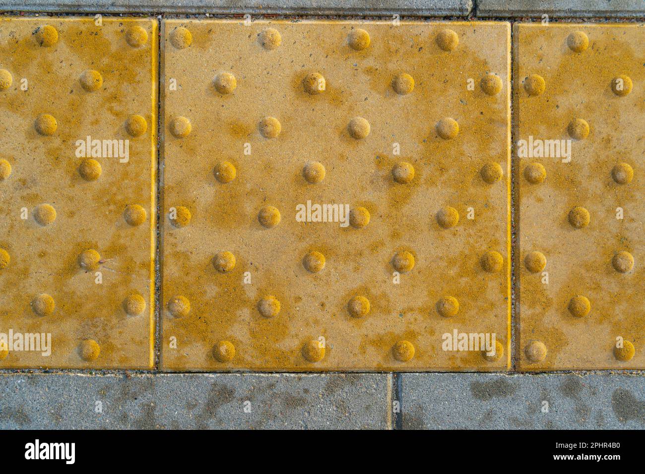 Pavimentazione tattile su Modern Tiles Pathway per disabili ciechi, Passerella di sicurezza per disabili, passeggiata in soletta di rilievo, pathway, percorso in mattone Ro Foto Stock