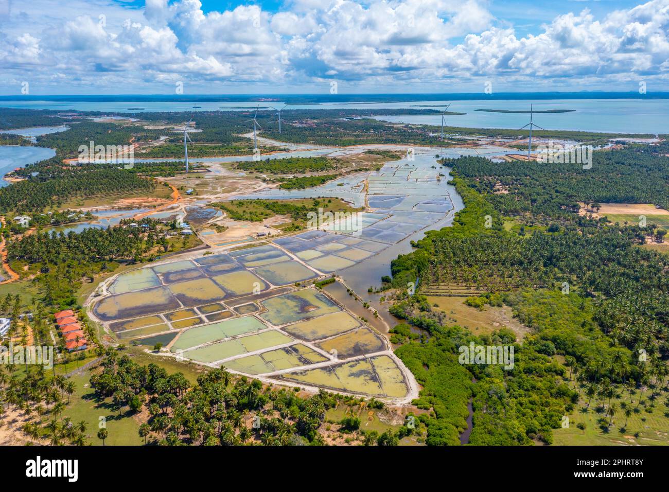 Veduta aerea dei campi agricoli trascurati dalle turbine eoliche a Kalpitiya in Sri Lanka. Foto Stock