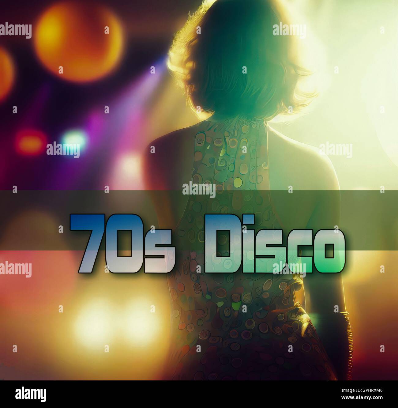 70s disco - una donna dal retro che balla nell'atmosfera tipica di una discoteca del 70s Foto Stock