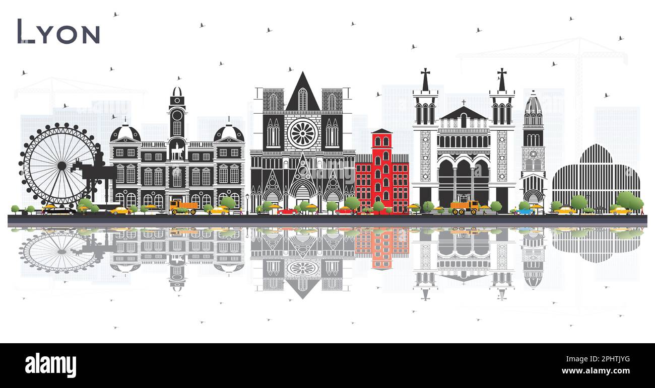 Lione Francia skyline della città con edifici a colori e riflessi isolati sul bianco. Illustrazione vettoriale. Viaggi d'affari e concetto. Illustrazione Vettoriale