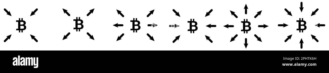 Frecce che indicano l'icona Bitcoin. Concetto di importanza o selezione BTC della criptovaluta. Versione con punti verso l'esterno e verso l'interno Illustrazione Vettoriale