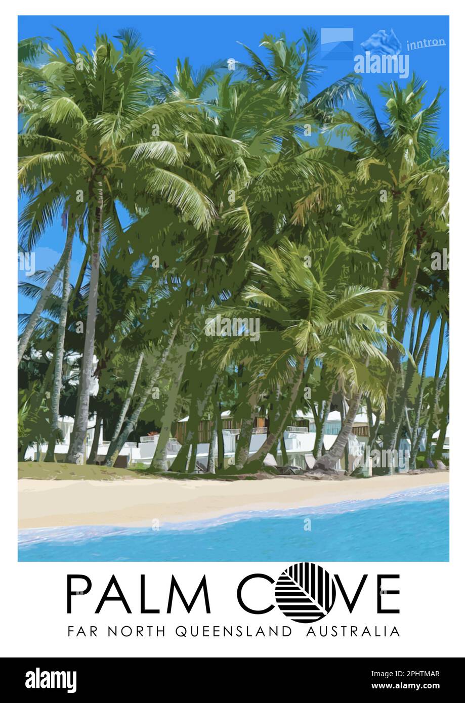 Illustrazione in formato poster basata su una fotografia personale della splendida posizione sulla spiaggia di Palm Cove, al di fuori dell'Alamanda Resort Foto Stock