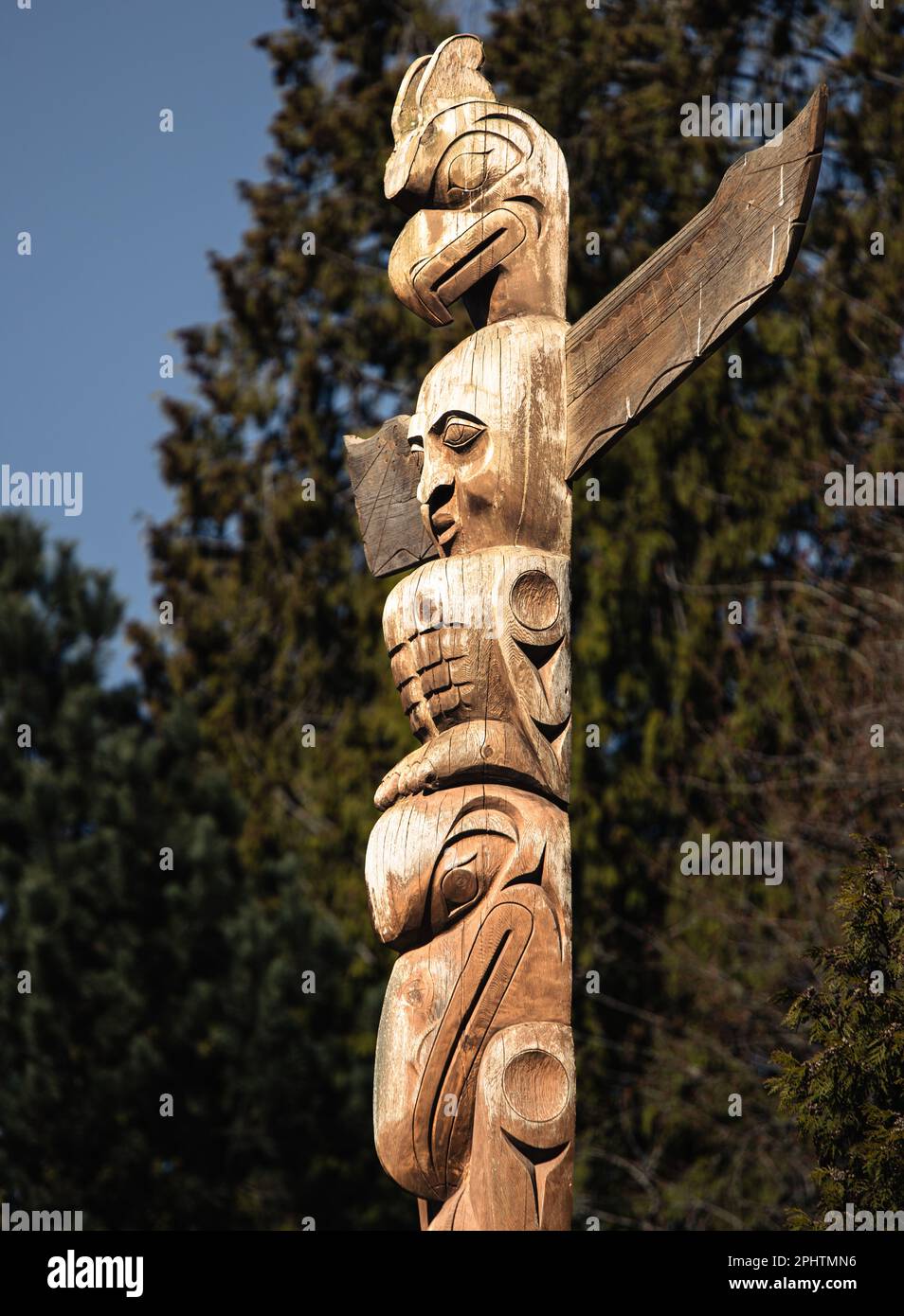 Totem Poles che rappresenta storie della prima nazione canadese in mostra a Brockton Point all'interno dello Stanely Park a Vancouver, Canada. Foto Stock