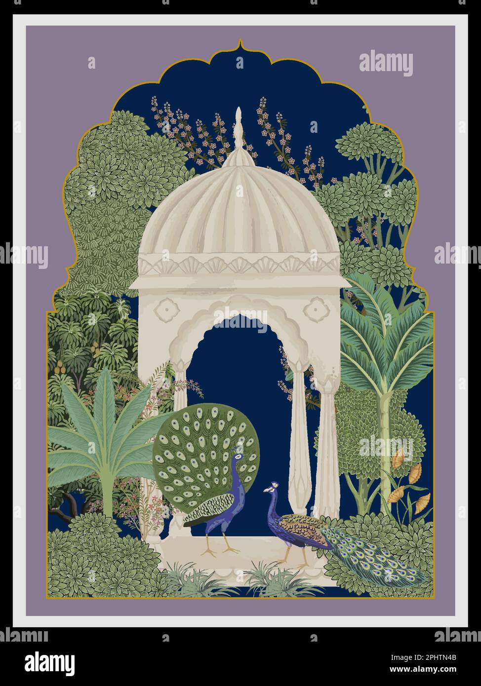 Tradizionale motivo mughal, cornice, arco, pavone, fiore, albero tropicale. Mughal parete arte stampabile, soggiorno decorazione illustrazione vettoriale. Illustrazione Vettoriale