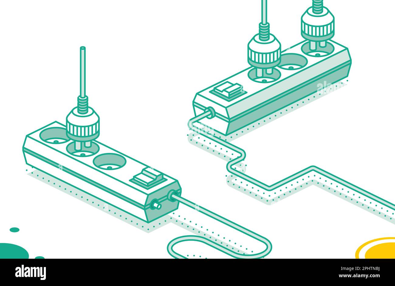 Cavo di prolunga elettrico moderno con spina. Presa multipla elettrica. Illustrazione vettoriale. Concetto di contorno isometrico. Due oggetti. Illustrazione Vettoriale