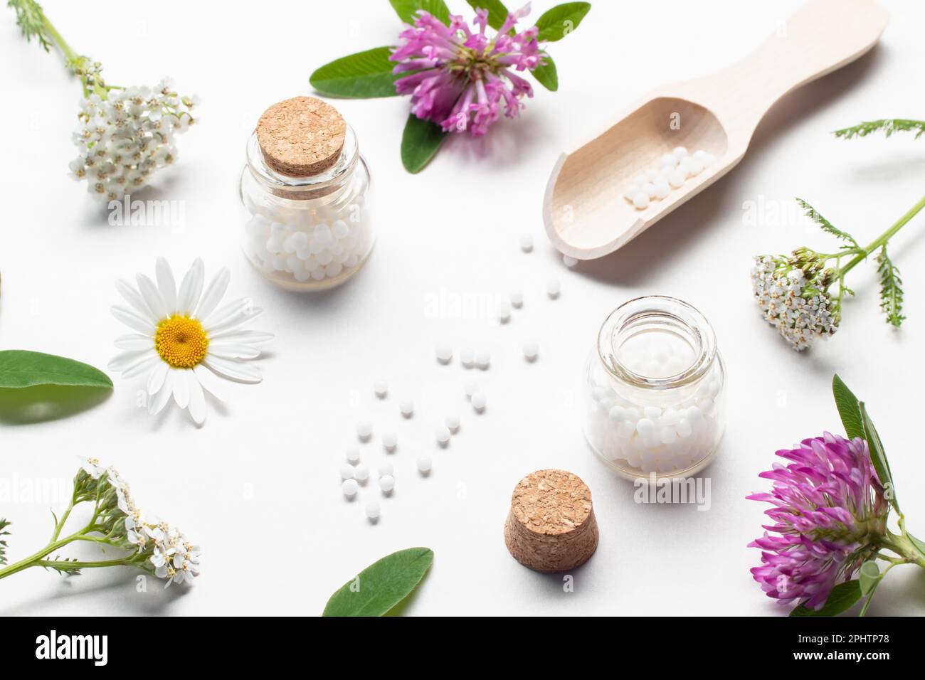 Composizione dei medicinali omeopatici e delle piante medicinali su una tavola bianca. Foto Stock