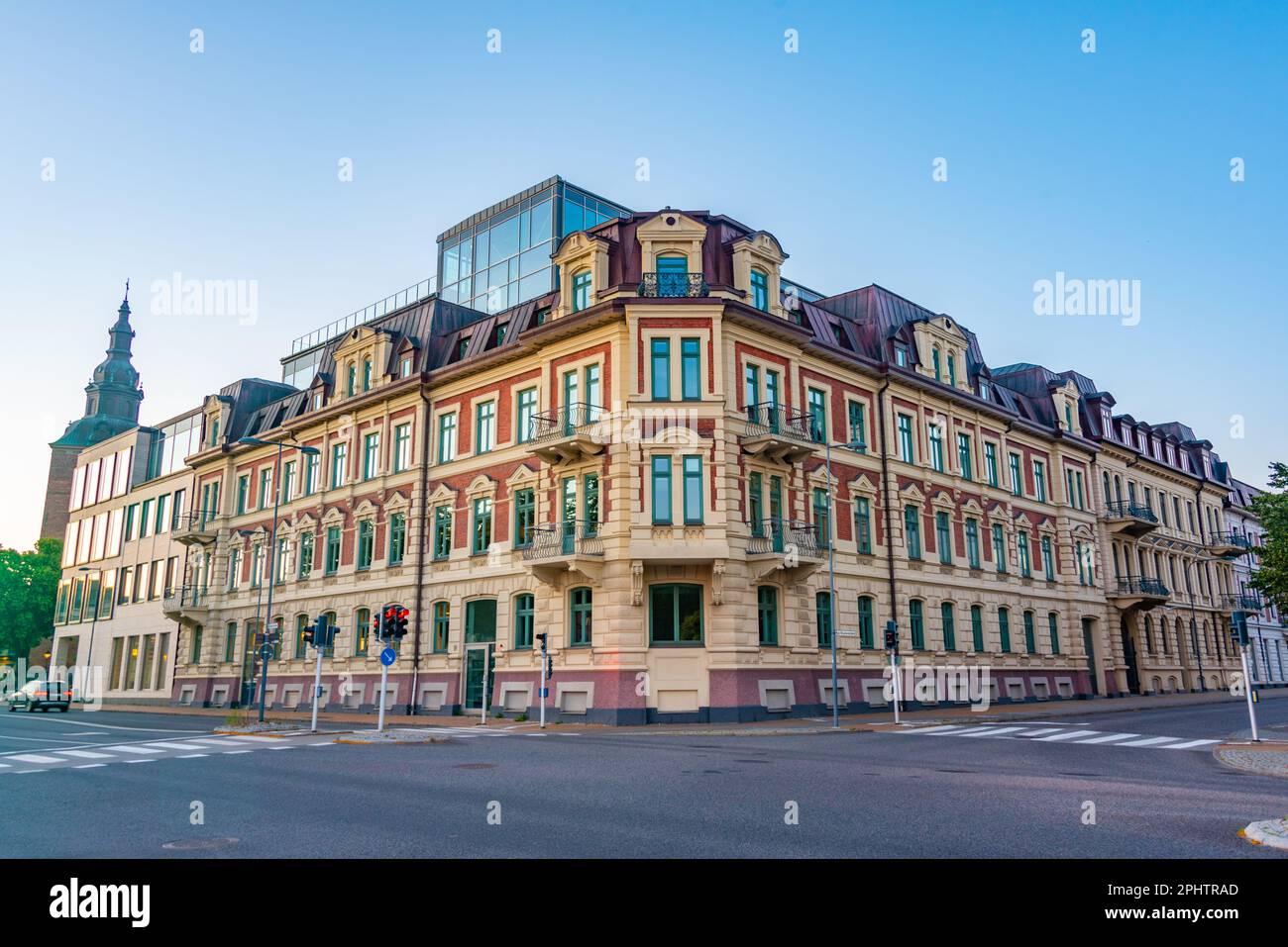 Edifici storici in una strada a Kristianstad, Svezia. Foto Stock