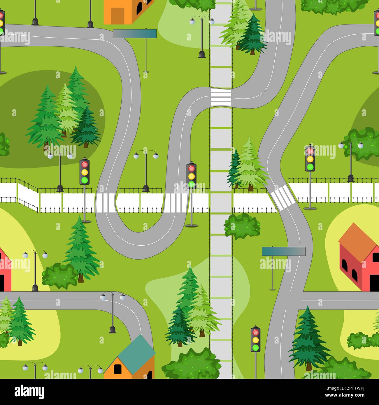 Modello senza cuciture con una piccola e graziosa mappa della città. Case, alberi, strade. Illustrazione vettoriale colorata. Illustrazione Vettoriale