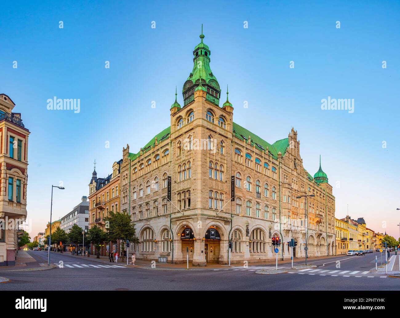 Edifici storici in una strada a Kristianstad, Svezia. Foto Stock