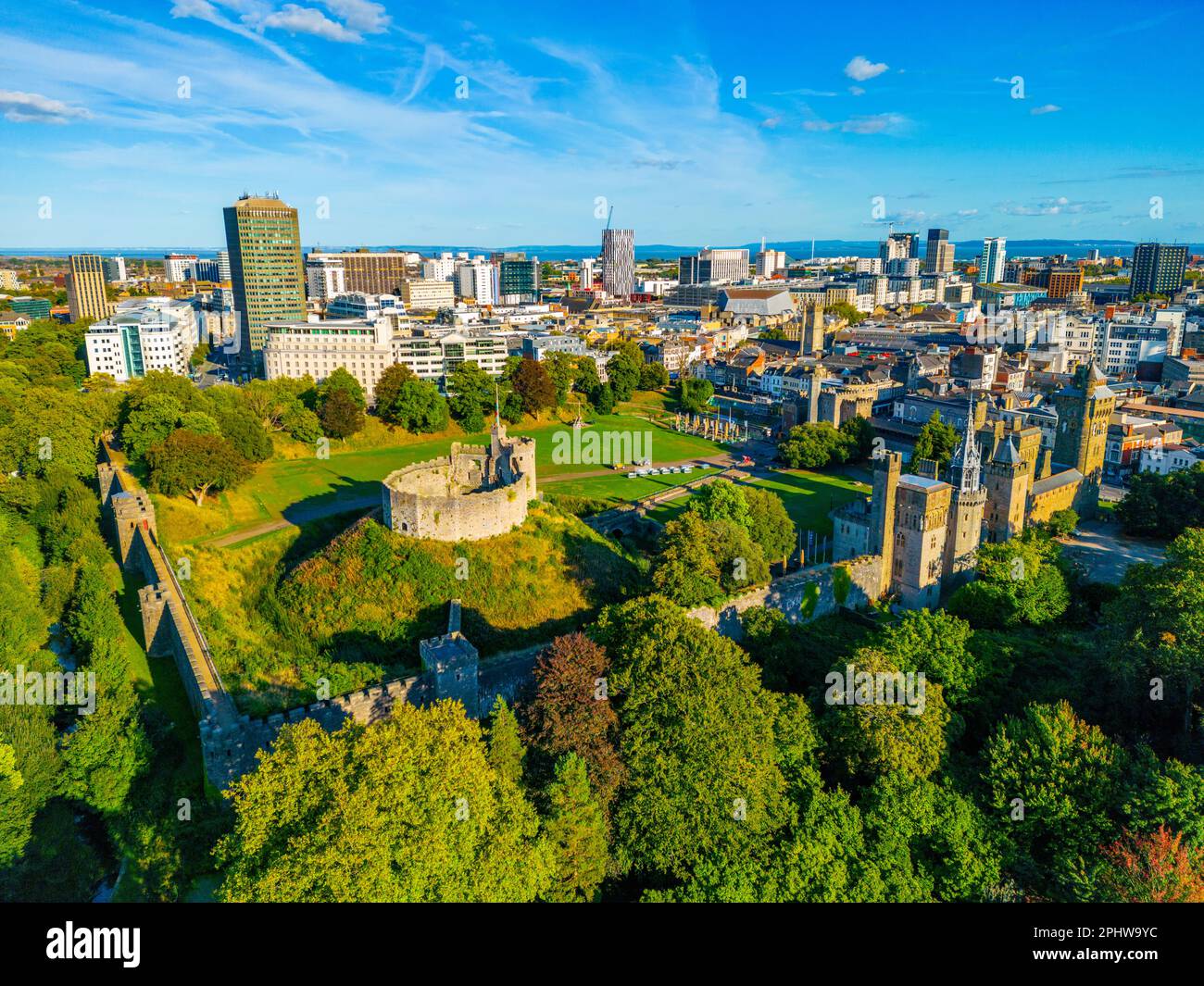 Vista panoramica del castello di Cardiff in Galles. Foto Stock