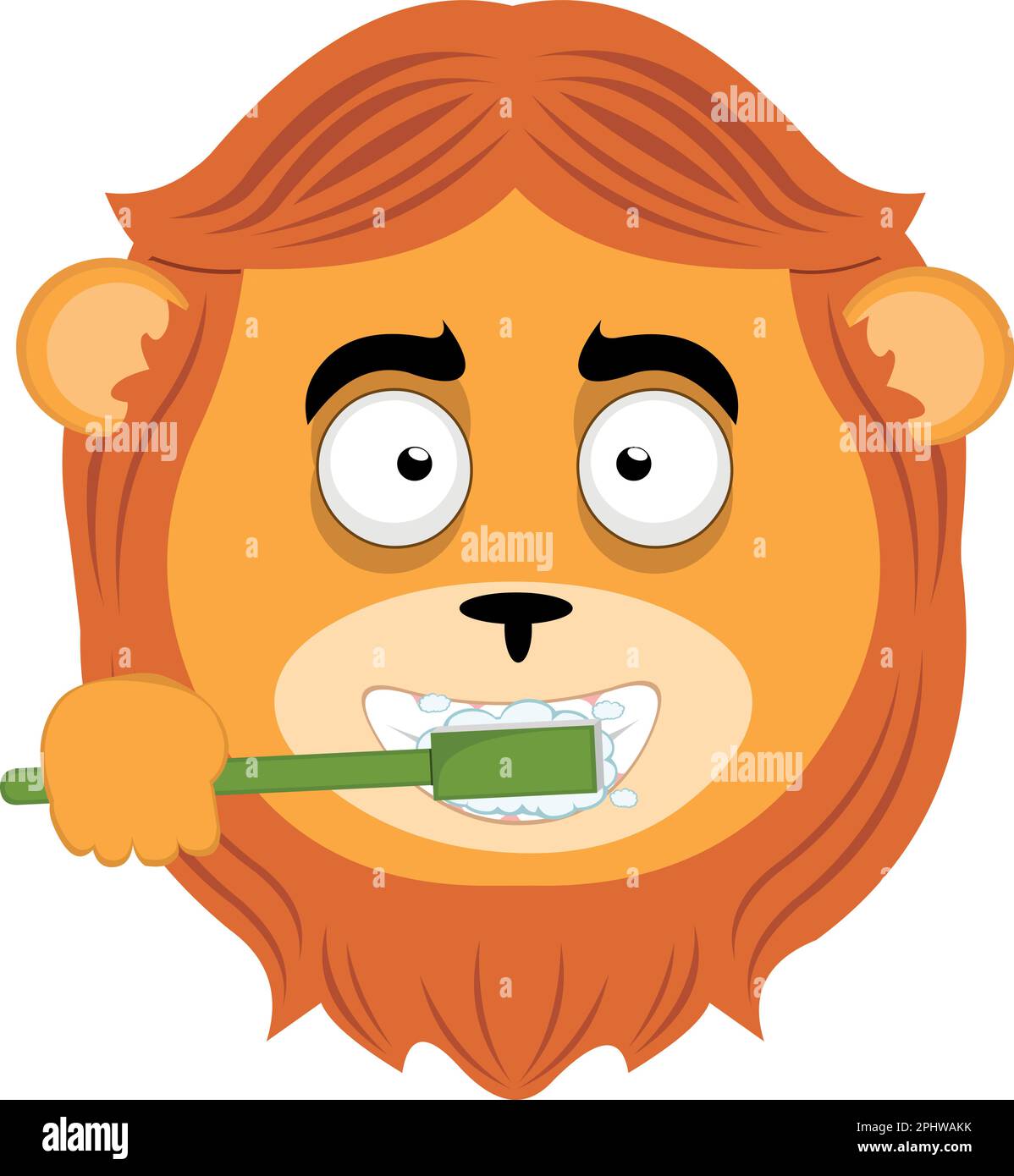 immagine vettoriale faccia di un leone cartoon spazzolando i denti con uno spazzolino da denti Illustrazione Vettoriale