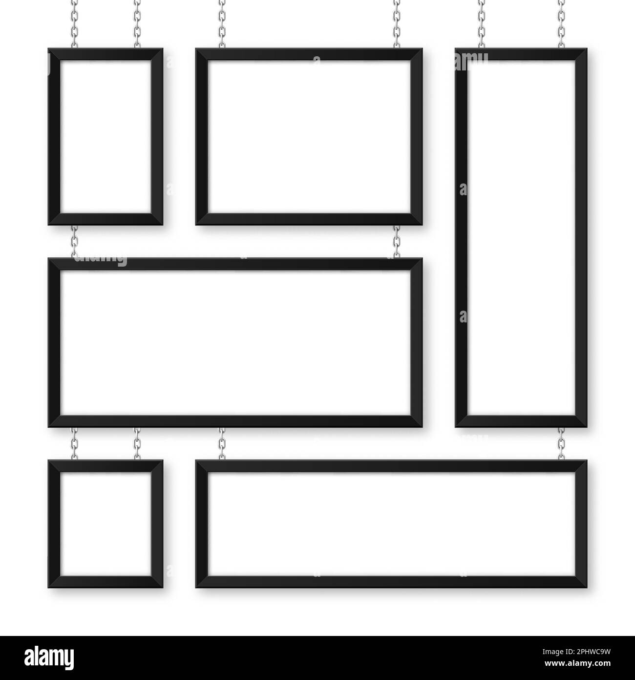 Cartelli neri appesi su una catena metallica. Menu del ristorante. Moderno poster mockup. Foto o cornice vuota. Pubblicità o presentazione Illustrazione Vettoriale