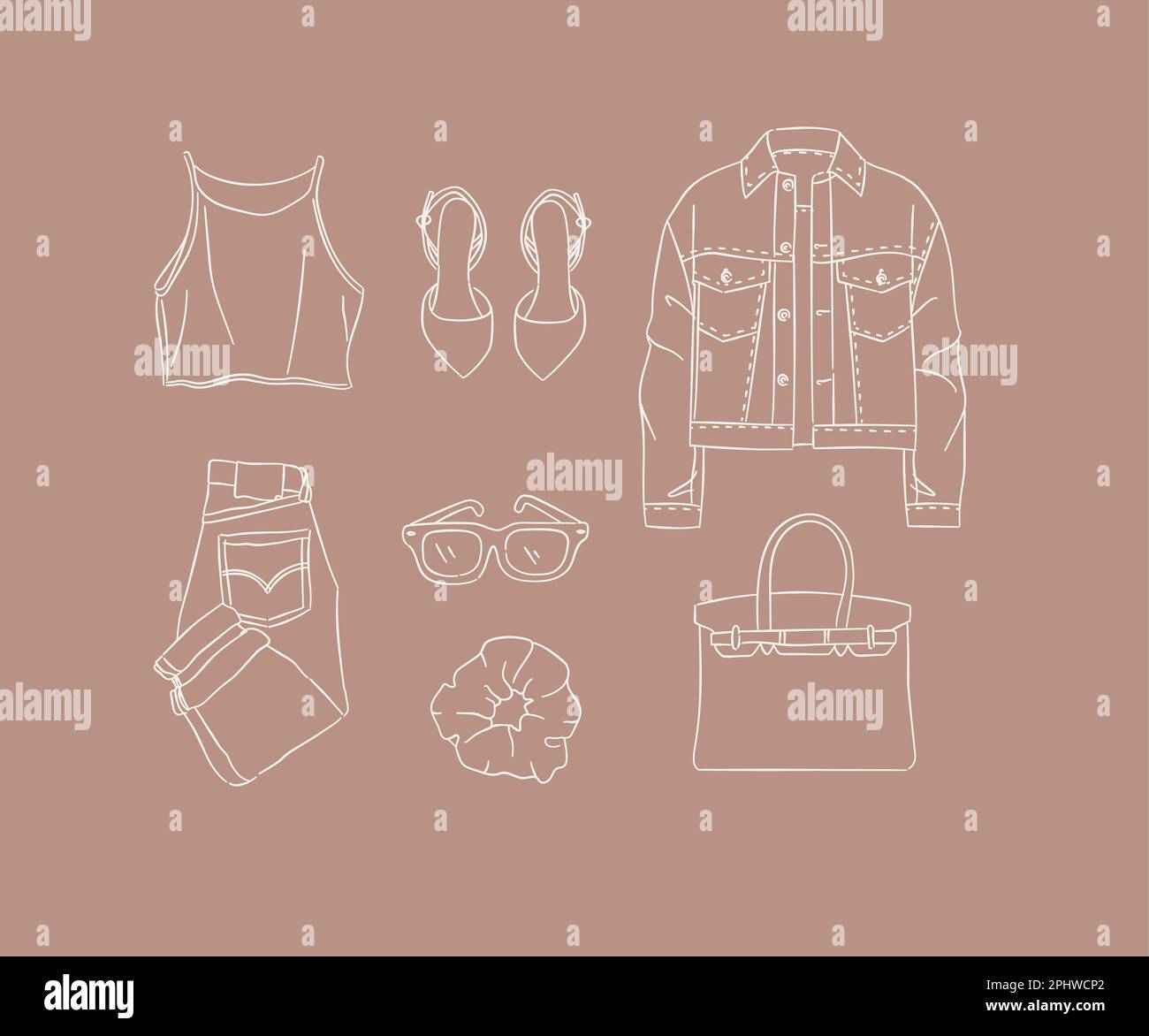 Set di abiti camicetta, scarpe, giacca, jeans, pantaloni, occhiali, forcina, borsa per donna look moderno in stile disegno a mano su sfondo marrone. Illustrazione Vettoriale