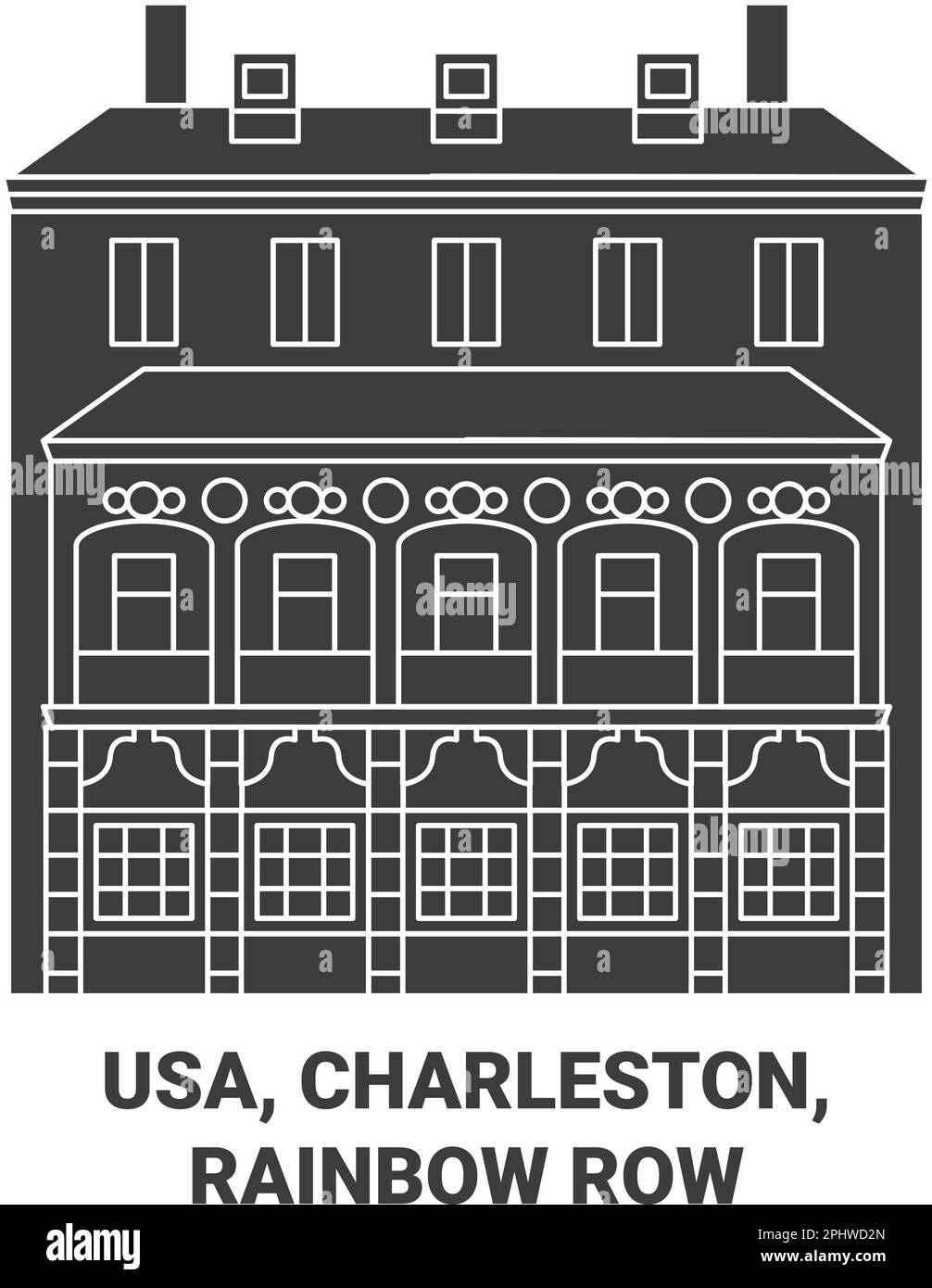 USA, Charleston, Rainbow Row viaggio disegno vettore punto di riferimento Illustrazione Vettoriale