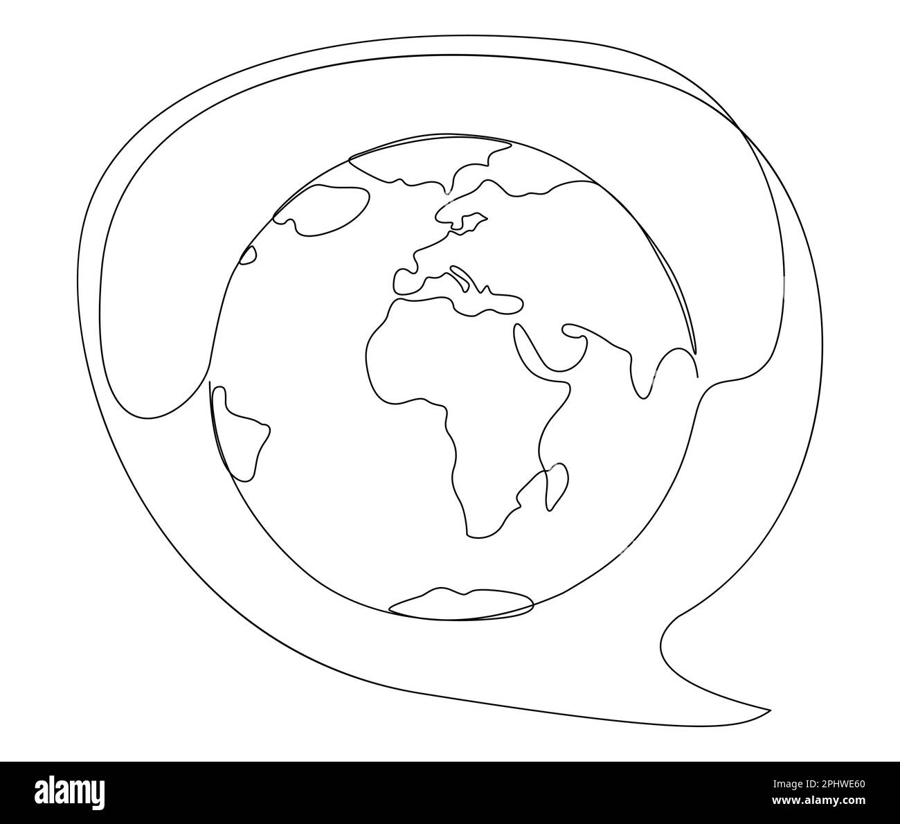 Una linea continua di bolla con Earth Globe. Concetto di vettore di illustrazione a linea sottile. Disegno di contorno idee creative. Illustrazione Vettoriale