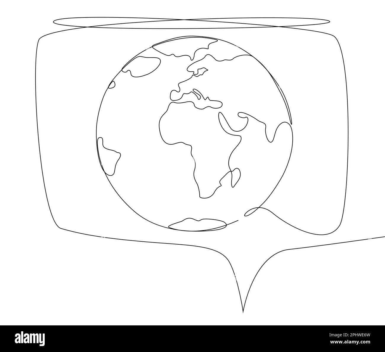 Una linea continua di bolla con Earth Globe. Concetto di vettore di illustrazione a linea sottile. Disegno di contorno idee creative. Illustrazione Vettoriale