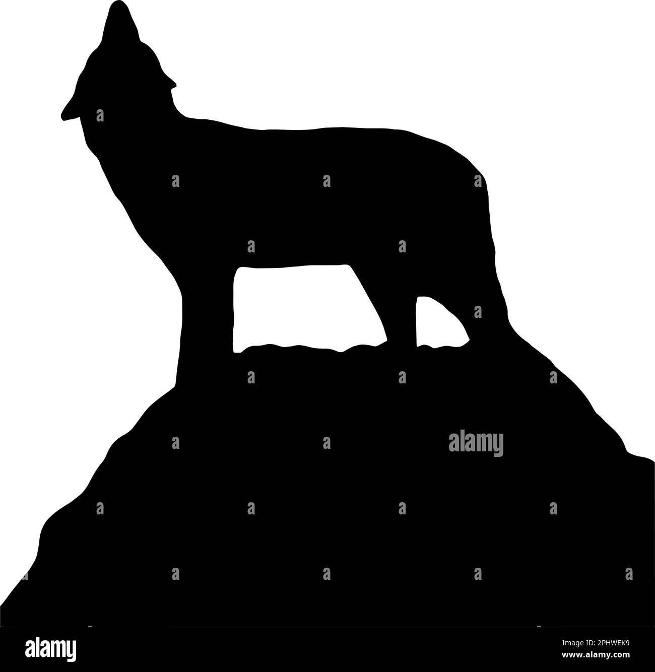 Silhouette di un lupo su una scogliera che urla verso il cielo Illustrazione Vettoriale