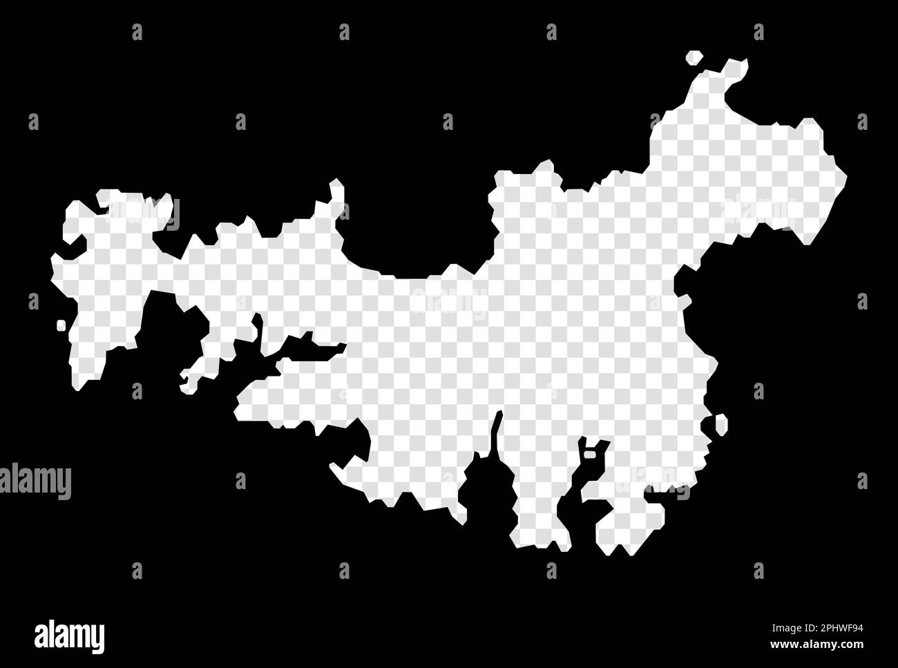 Mappa stencil di Waiheke Island. Mappa semplice e minimale trasparente dell'Isola di Waiheke. Rettangolo nero con forma di taglio dell'area. Illustrazione Vettoriale