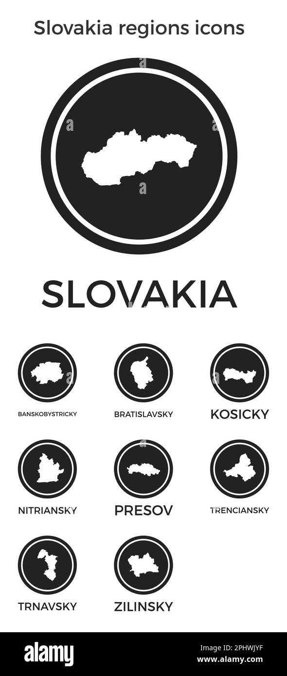Icone delle regioni della Slovacchia. Loghi rotondi neri con mappe e titoli delle aree geografiche. Illustrazione vettoriale. Illustrazione Vettoriale