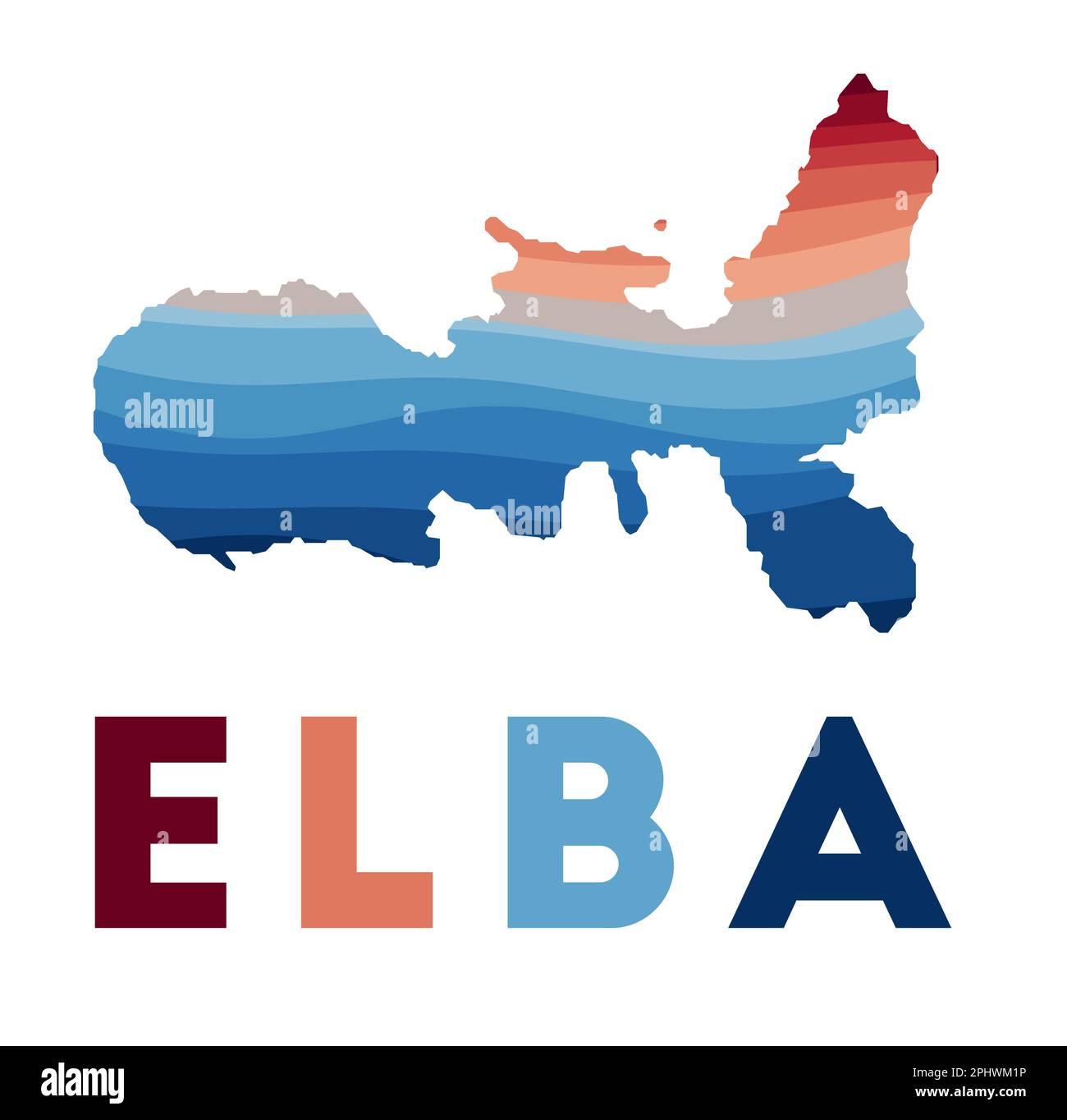 Mappa dell'Elba. Mappa dell'isola con splendide onde geometriche nei colori rosso e blu. Vivace forma dell'Elba. Illustrazione vettoriale. Illustrazione Vettoriale