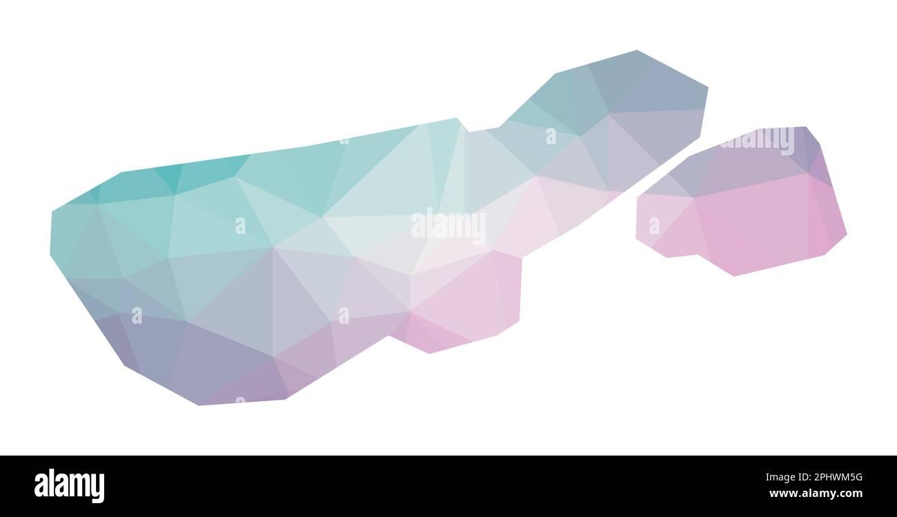 Mappa poligonale dell'isola madre de Dios. Illustrazione geometrica dell'isola in colori smeraldo e ametista. Mappa madre de Dios in stile poly basso. Illustrazione Vettoriale