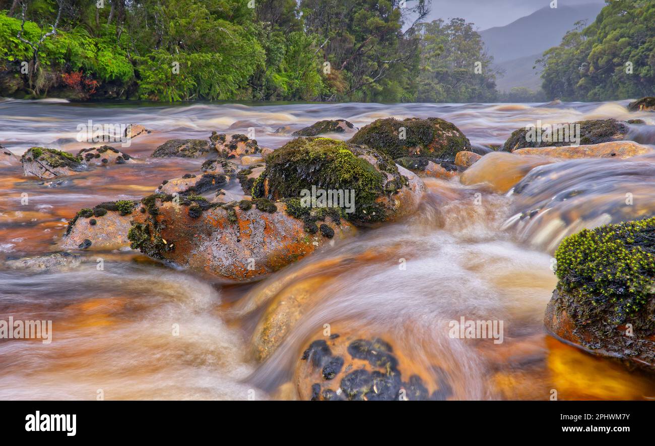 Acqua sfocata nel fiume tannino con acqua che cade sulle rocce nel parco nazionale sud-occidentale, Tasmania, Australia Foto Stock