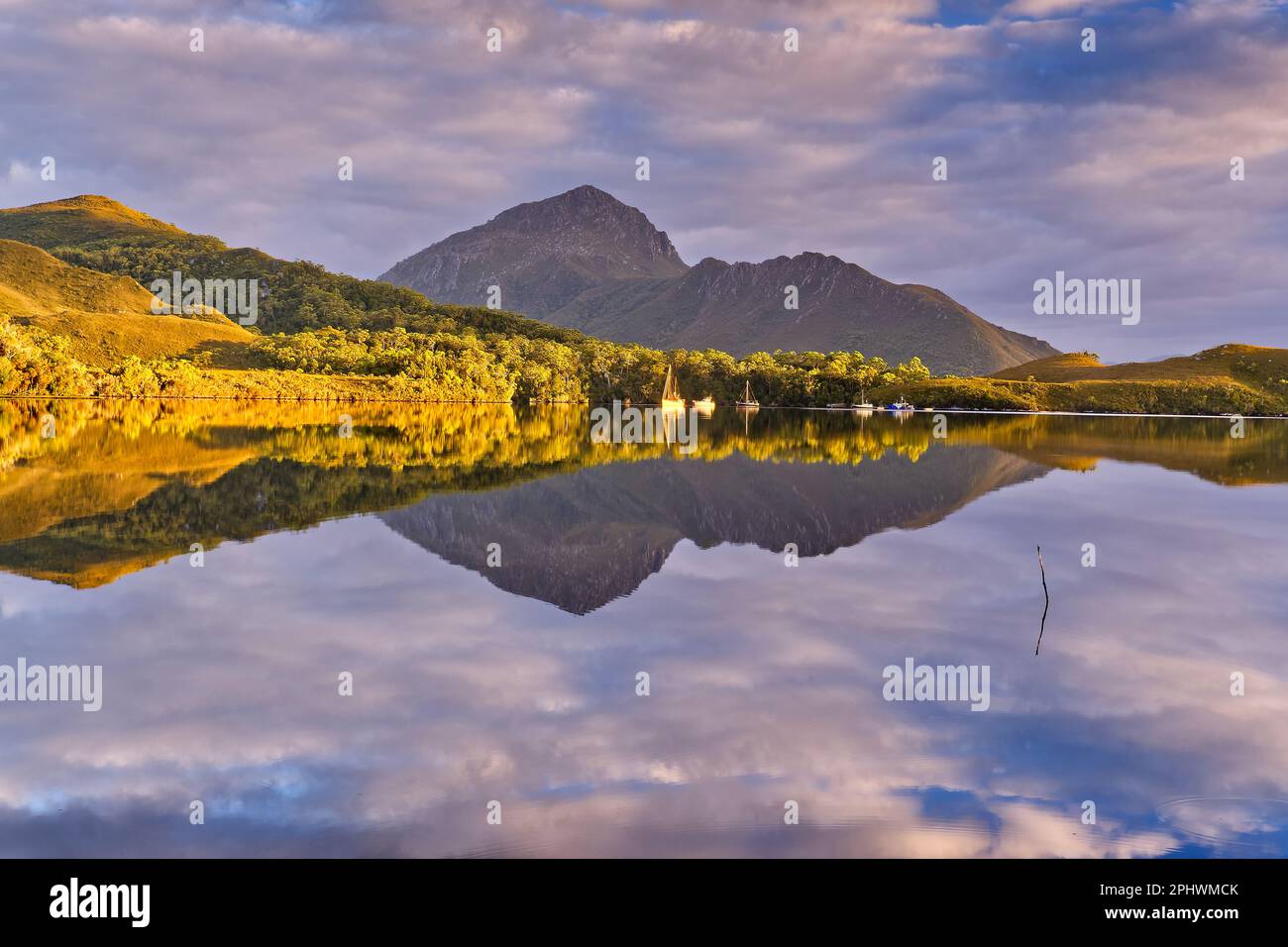 La luce dell'alba del mattino presto sul Monte Rugby si riflette nella laguna della Foresta, Melaleuca, il Parco Nazionale del Sud Ovest, Tasmania, Australia Foto Stock