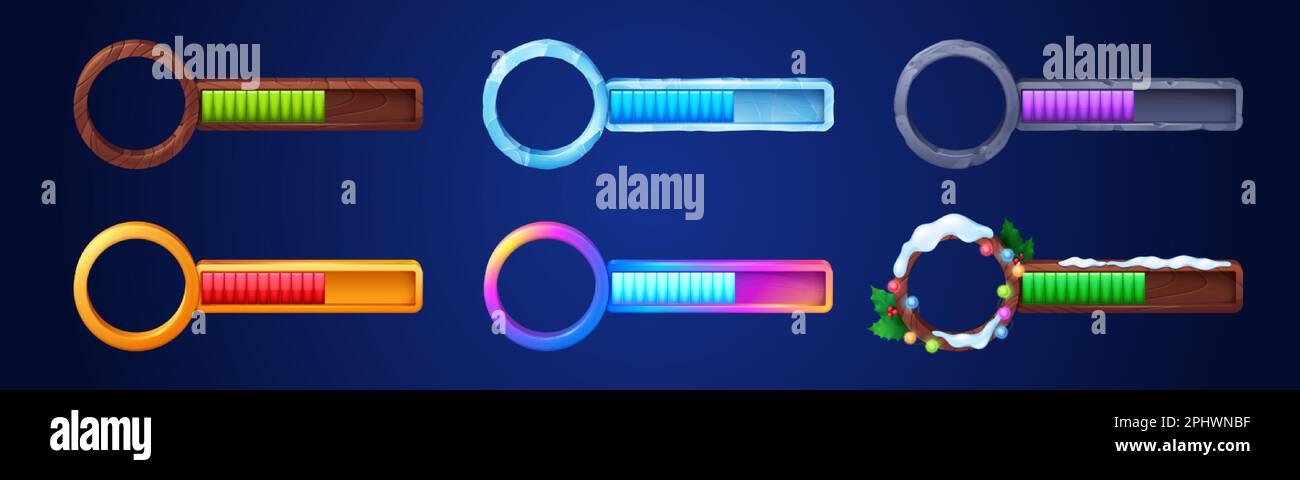 Barra di avanzamento della vita del gioco vettoriale. Riquadro avatar UI Cartoon con grafico della salute e del punteggio su sfondo scuro. GUI Set design con cornice isolata e mana ind Illustrazione Vettoriale