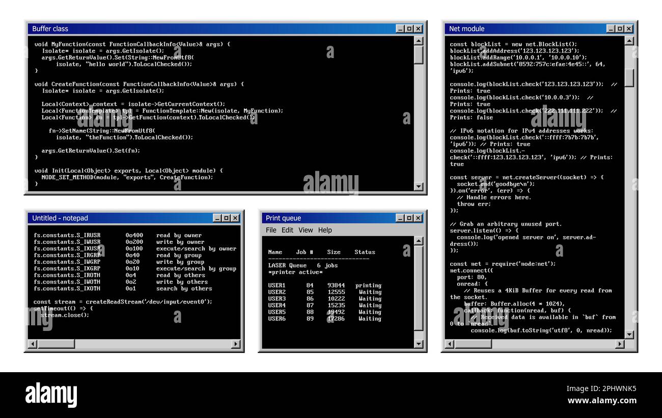 Interfaccia Windows del software per PC vintage. Vector vecchi frame desktop di programma con processo di codifica e sistemi di controllo del computer. Utente retrò o programmatore in Illustrazione Vettoriale