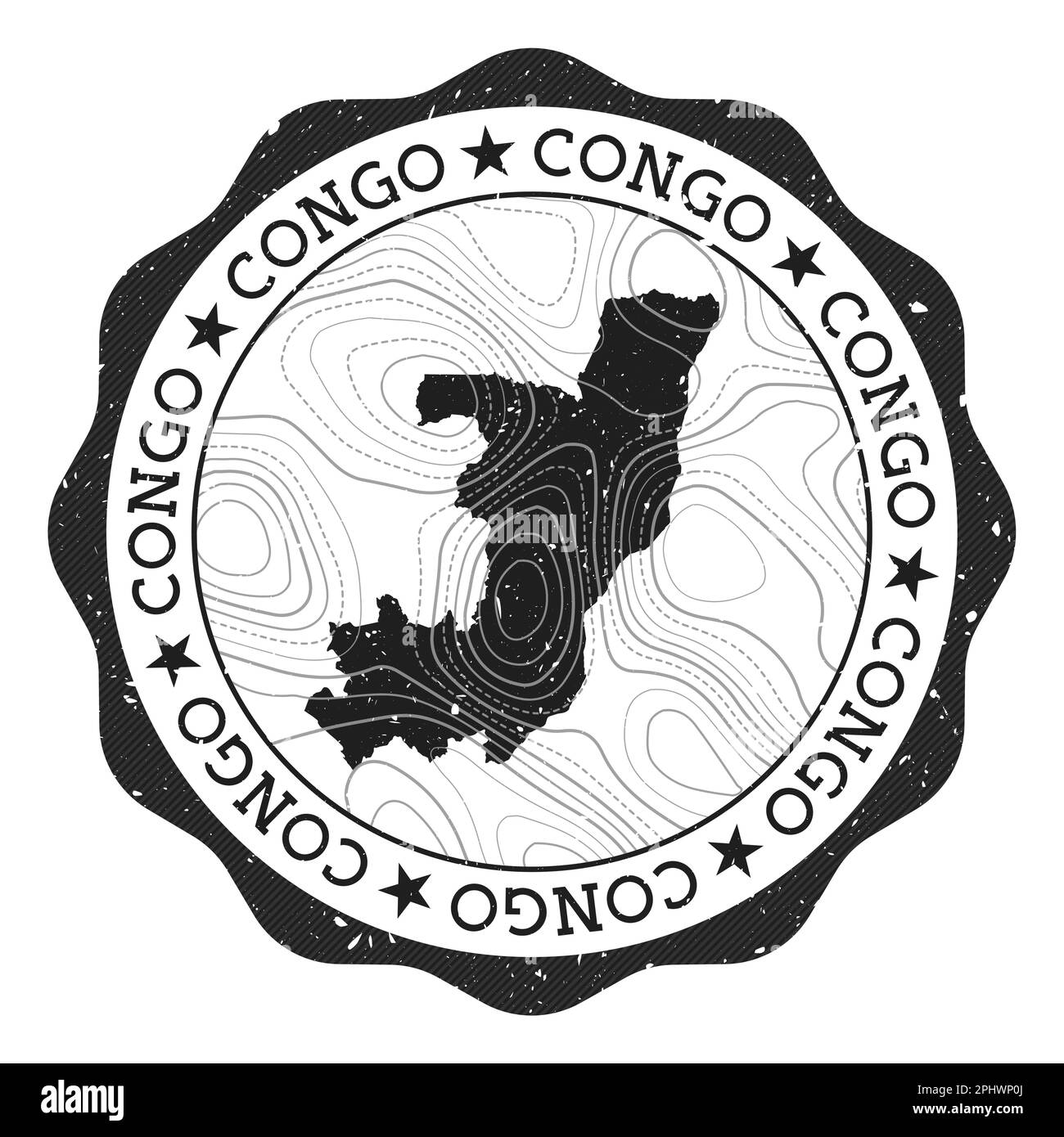 Francobollo Congo all'aperto. Adesivo rotondo con mappa del paese con isoline topografiche. Illustrazione vettoriale. Illustrazione Vettoriale