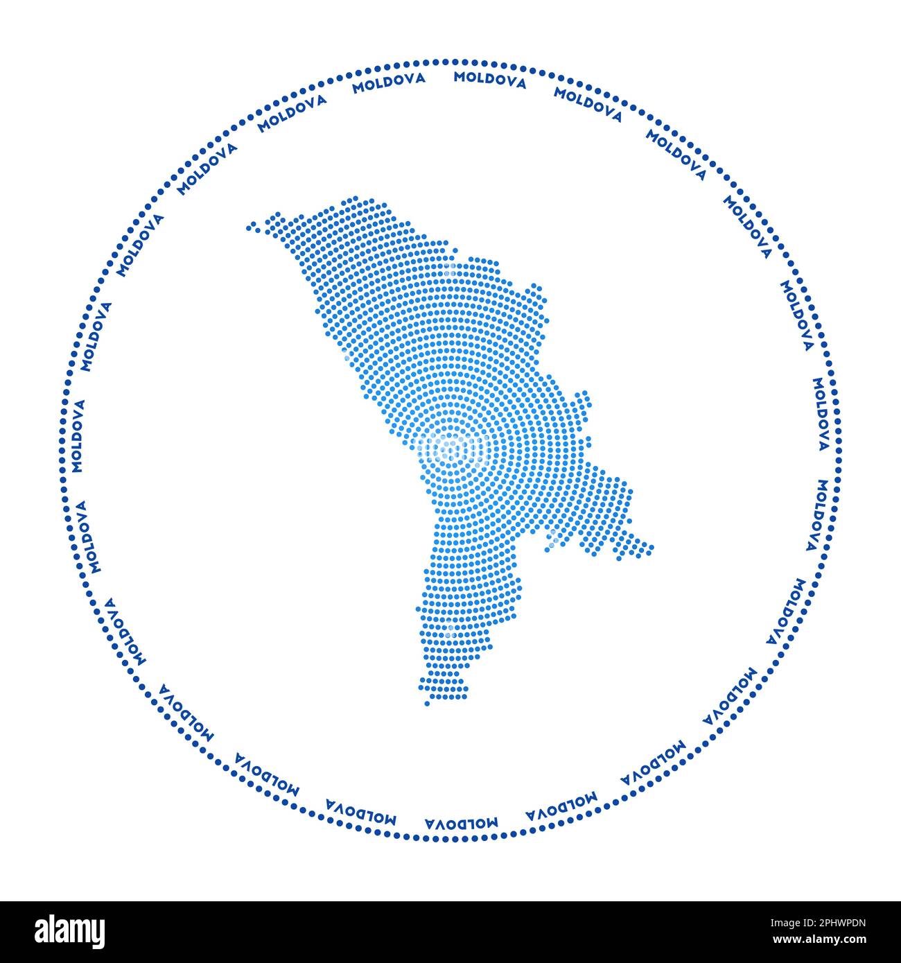 Logo rotondo Moldavia. Forma in stile digitale della Moldavia in un cerchio punteggiato con il nome del paese. Icona tecnologica del paese con punti graduati. Illustrazione Vettoriale