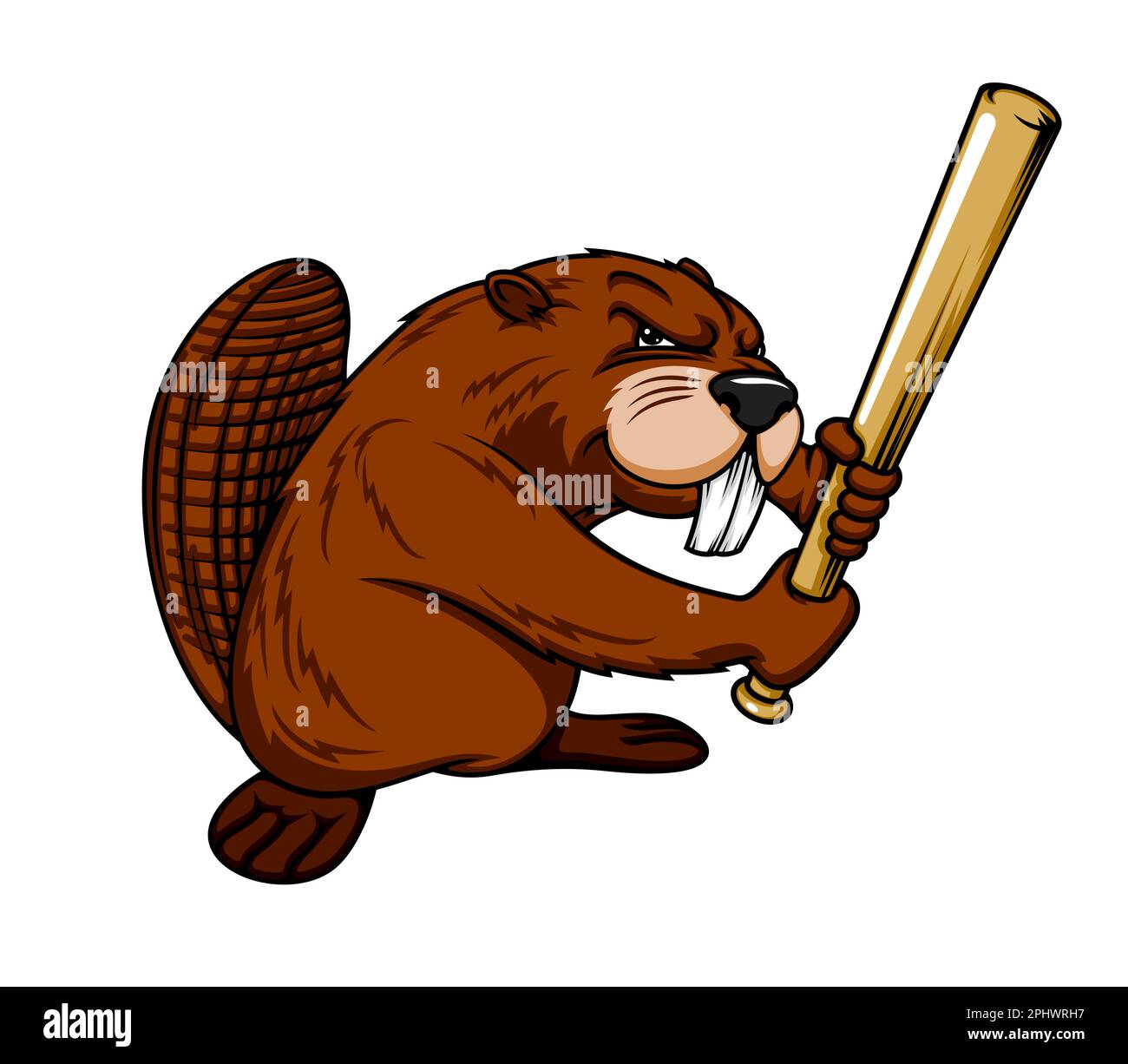 Mascotte del giocatore di baseball del castone del cartoon della squadra o del randello di sport. Vettore Beaver carattere animale colpire con pipistrello di legno. Personaggio divertente dello sport da baseball Illustrazione Vettoriale